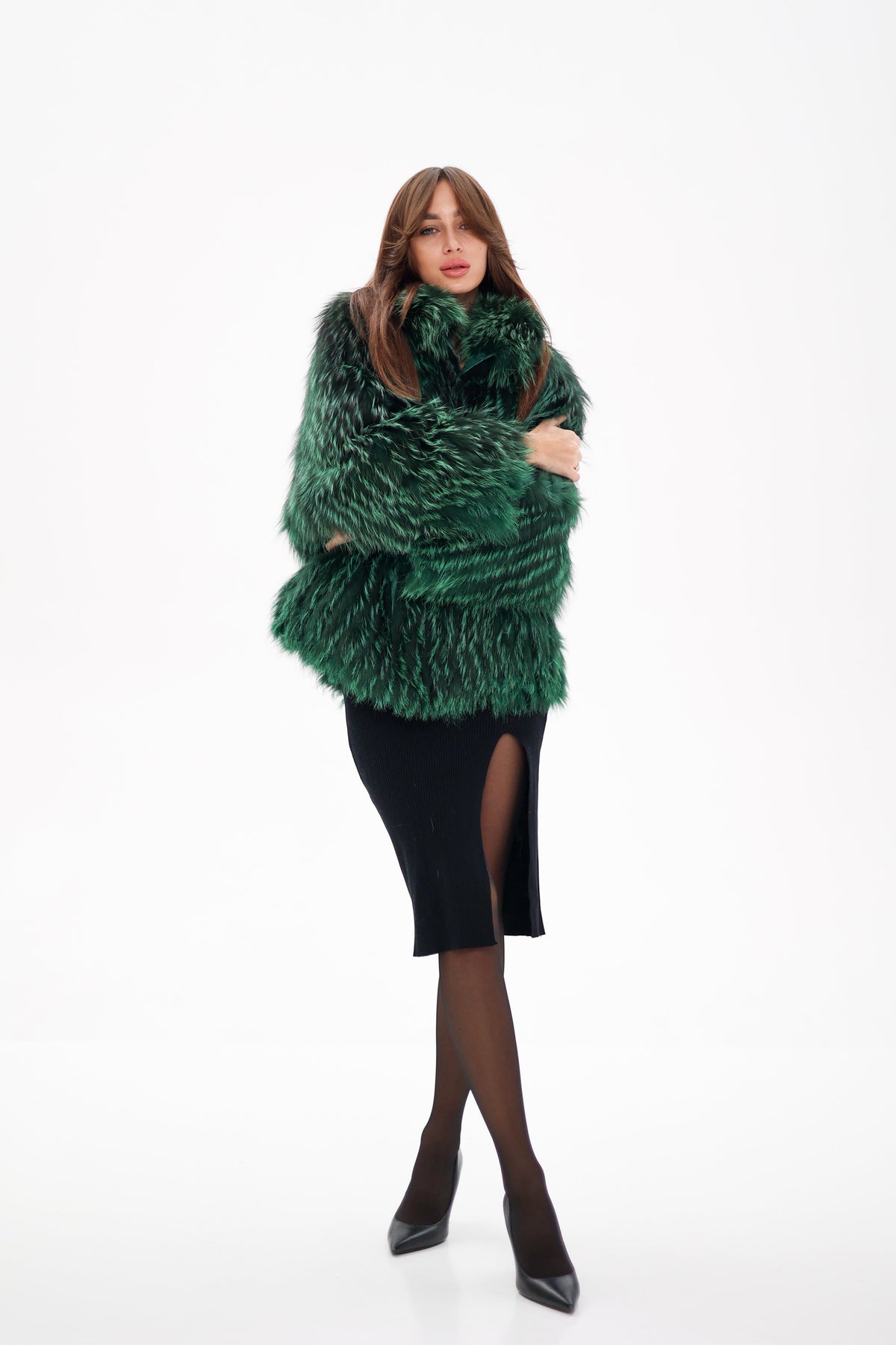 Reversible Genuine Silver Fox  Down Fill Coat in Emerald