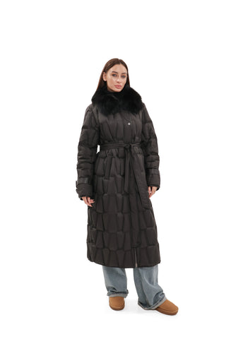 Riley Genuine Fur Trim Down Fill Coat in Black