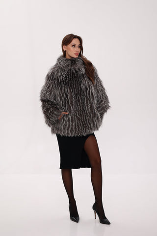 Reversible Genuine Silver Fox  Down Fill Coat in Grey