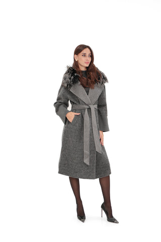 Boston Genuine Silver Fox Cashmere Blend Double-Face Coat in Grey Melange