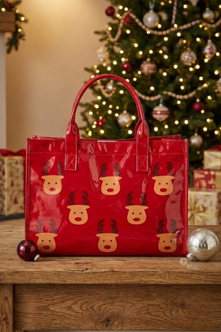 SC - ETA 9/30-10/14 Oh Deer! Christmas is Here! Red Vinyl Tote Bag - Glamourous Grace