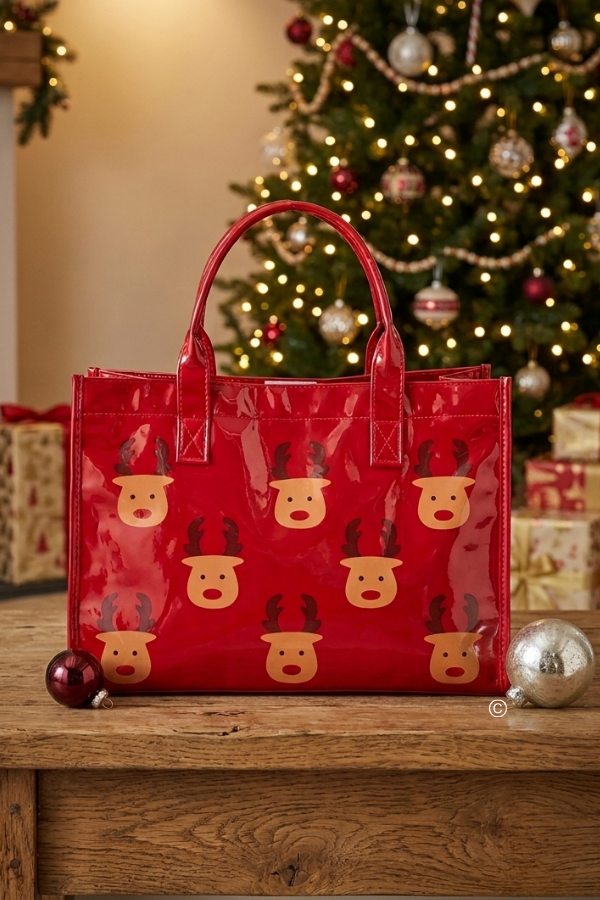 SC - ETA 9/30-10/14 Oh Deer! Christmas is Here! Red Vinyl Tote Bag - Glamourous Grace
