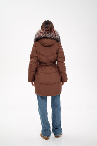 Tyler Genuine Silver Fox Down Coat in Chocolate