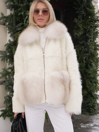 Elysian Genuine Polar Fox Trim Shearling Jacket