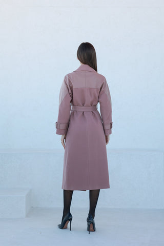 Rose Leather Trim Cashmere Blend Overcoat