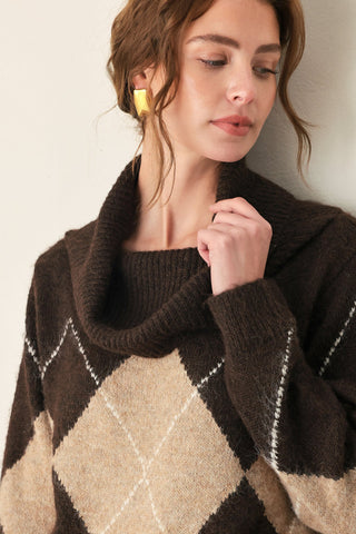 COZY MOMENTS BROWN ARGYLE COWL NECK SWEATER