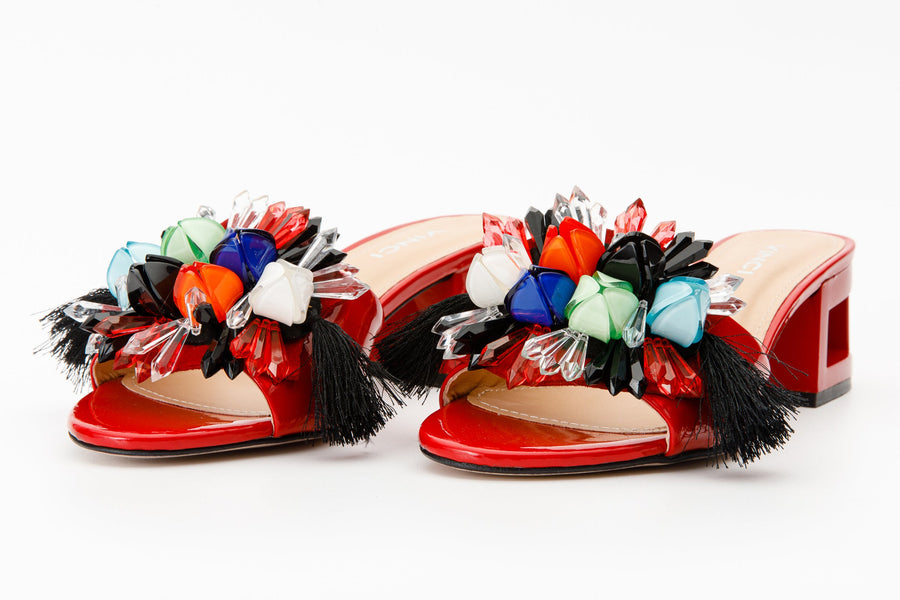 The Vigo Red Leather Block Heel Women Sandal - Glamourous Grace