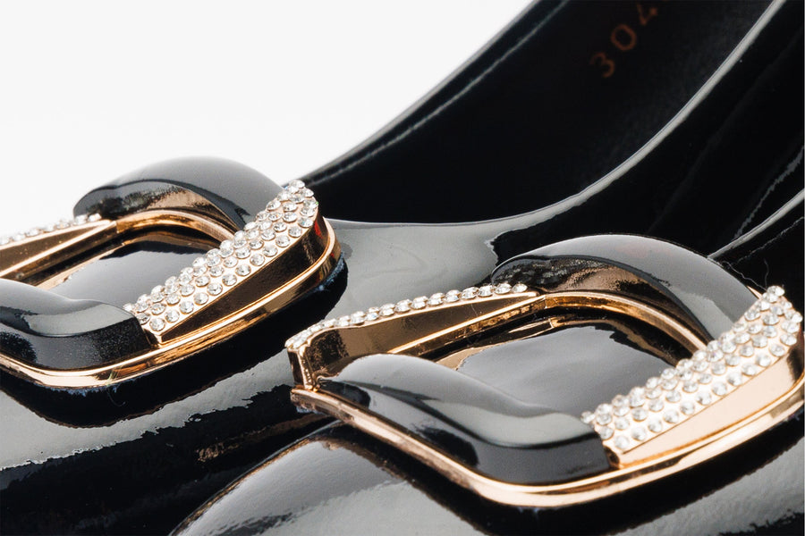 The Ferrara Black Patent Leather Block Heel Pump Women Shoe - Glamourous Grace