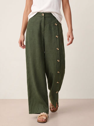 LINTICO 100% linen buttoned slit-hem pants with relaxed fit and side pockets, showcasing a lightweight, breathable design.