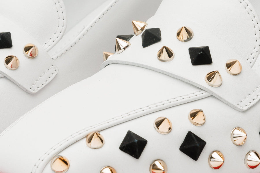 The Infanta White Spike Leather Block Heel Pump Women Shoe - Glamourous Grace