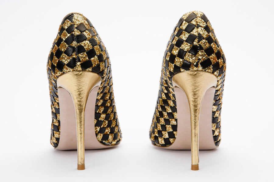 The Saks Tory Gold & Black Handwoven Leather Pump Women Shoe - Glamourous Grace