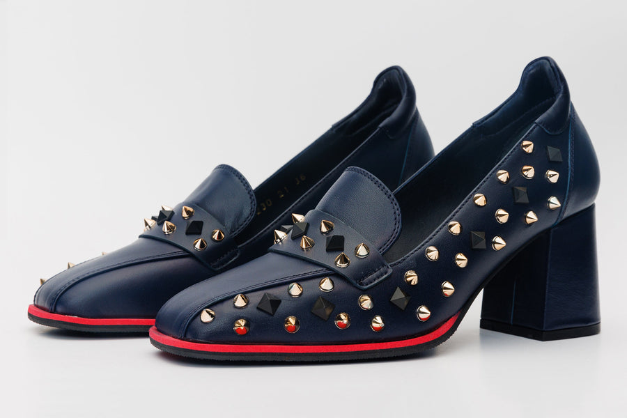 The Infanta Navy Blue Spike Leather Block Heel Pump Women Shoe - Glamourous Grace