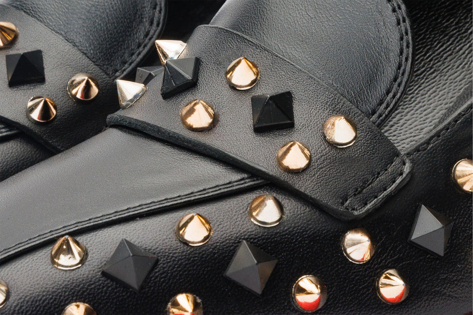 The Infanta Black Spike Leather Block Heel Pump Women Shoe - Glamourous Grace LLC
