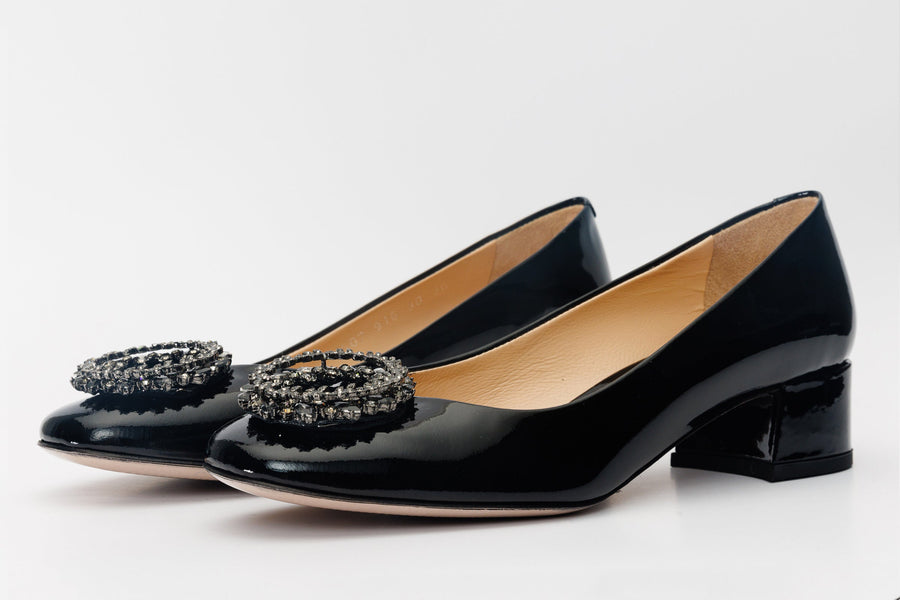 The Danish Black Patent Leather Block Heel Pump Women Shoe - Glamourous Grace