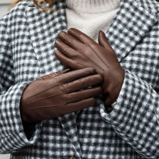 Francesca (brown) - Italian lambskin leather gloves with white rabbit fur lining - Glamourous Grace