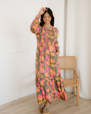 Tinsley Floral Puff Sleeve Smocked Bodice Frill Tiered Dress - Glamourous Grace