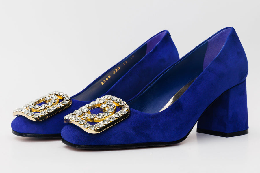 The California Sax Blue Suede Leather Block Heel Pump Women Shoe - Glamourous Grace