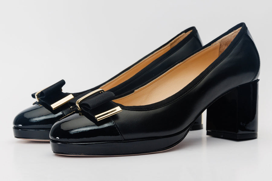 The Fano Black Leather Cap Toe Block Heel Pump Women Shoe - Glamourous Grace