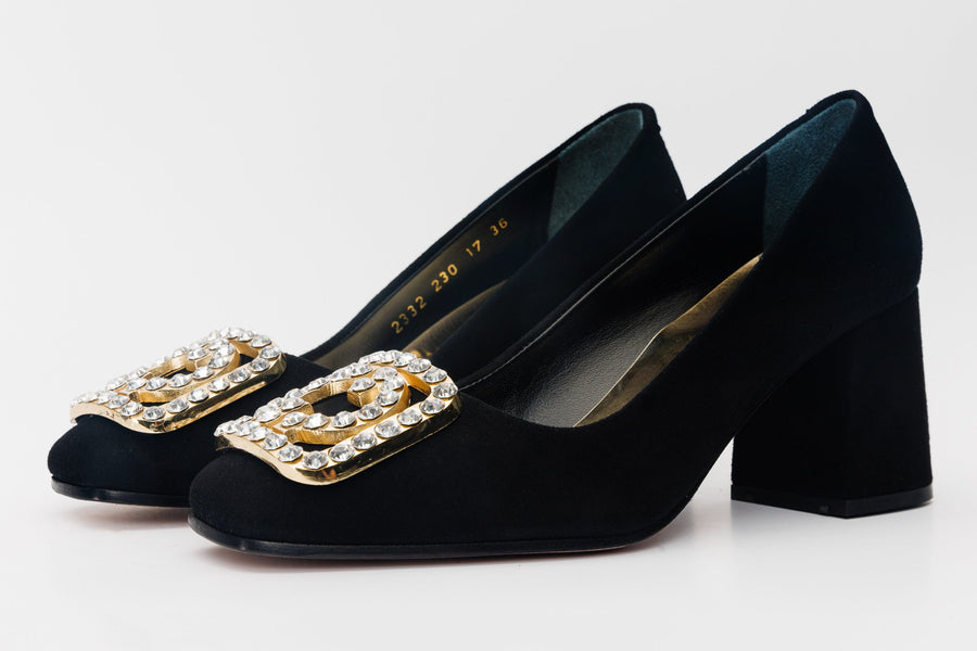 The California Black Suede Leather Block Heel Pump Women Shoe - Glamourous Grace