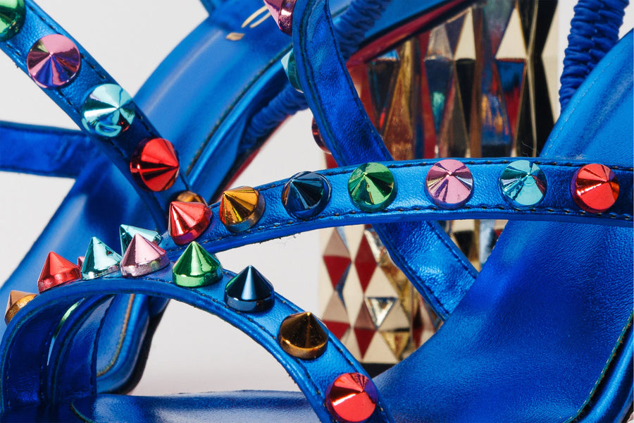 The Caris Sax Blue Block Heel Spike Leather Women Sandal Final Sale! - Glamourous Grace