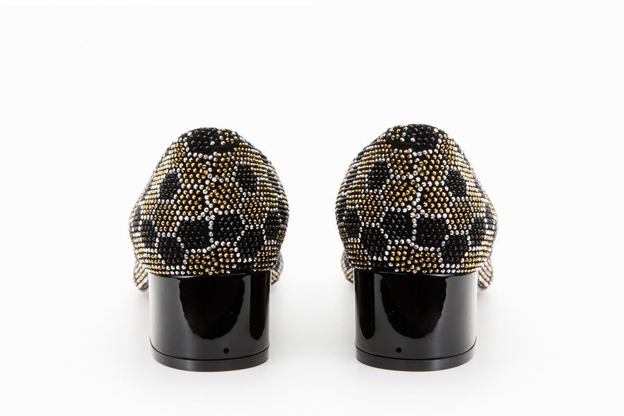 The Doha Gold & Black Glitter Leather Block Pump Women Shoe - Glamourous Grace