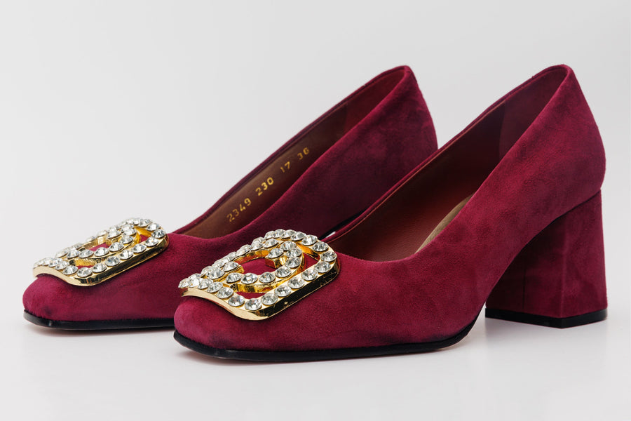The California Burgundy Suede Leather Block Heel Pump Women Shoe - Glamourous Grace