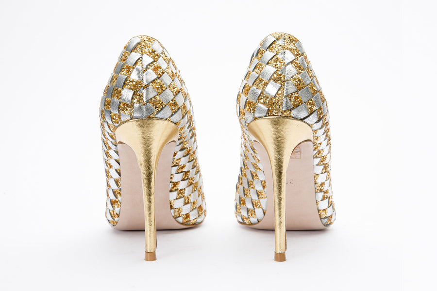 The Saks Tory Gold & Silver Handwoven Leather Pump Women Shoe - Glamourous Grace