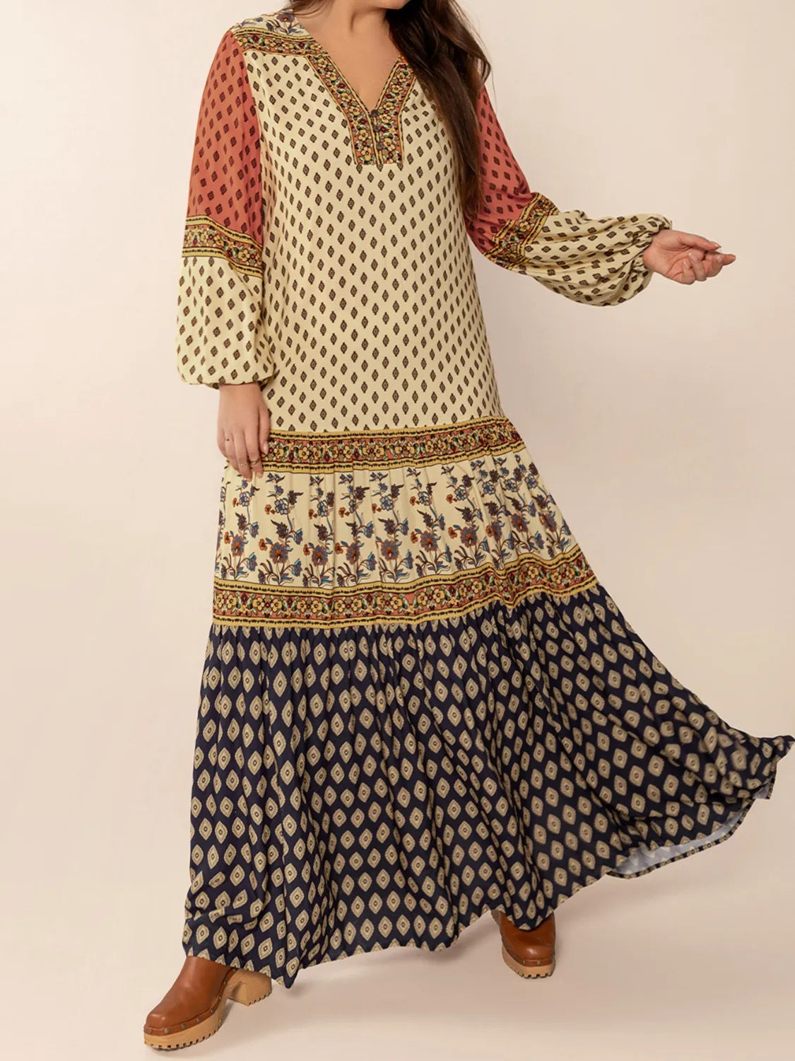 Printed V-Neck Balloon Sleeve Maxi Dress - Glamourous Grace
