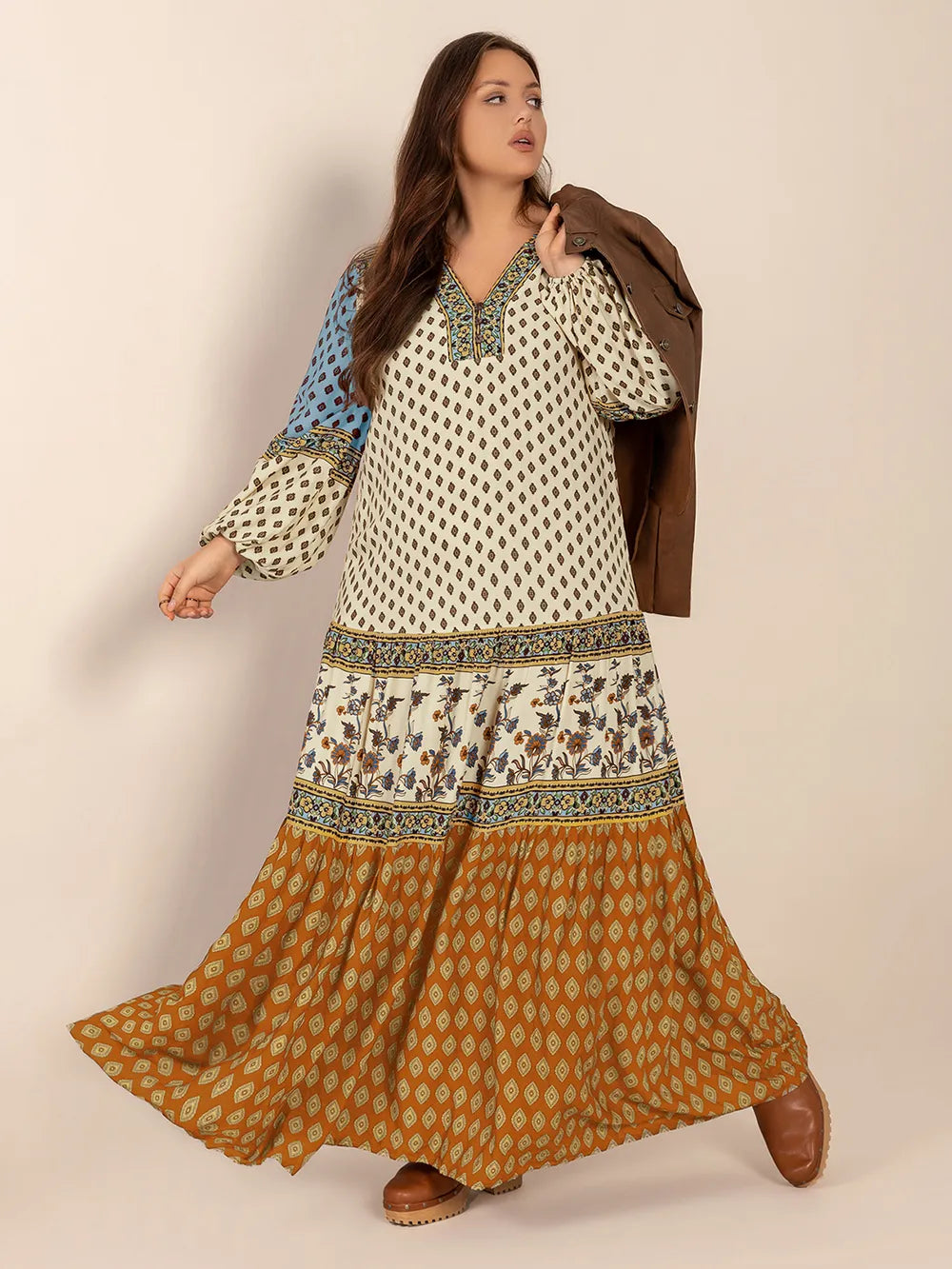 Plus Size Printed V-Neck Balloon Sleeve Maxi Dress - Glamourous Grace