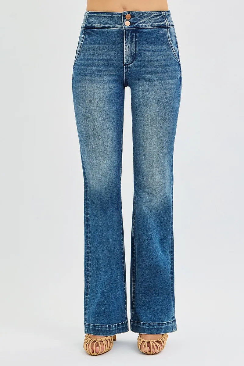 RISEN Tummy Control High Rise Bootcut Jeans with Double Button Waistband
