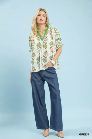 Umgee Abstract Border Print V-Neck Top - Glamourous Grace