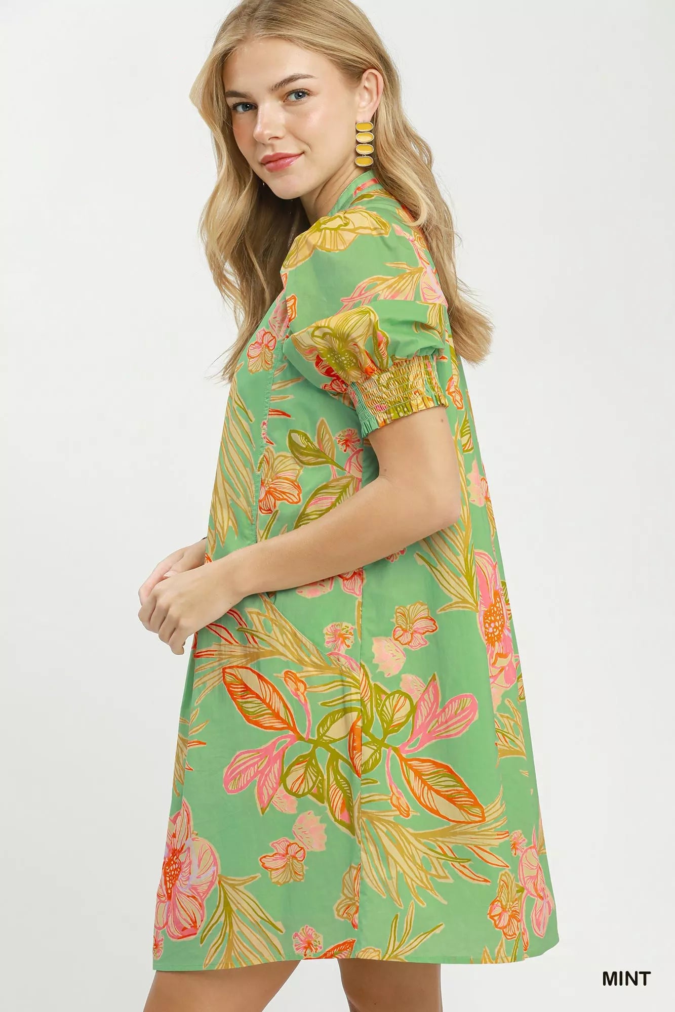 Umgee Botanical Print Dress with Smocked Cuffs - Glamourous Grace