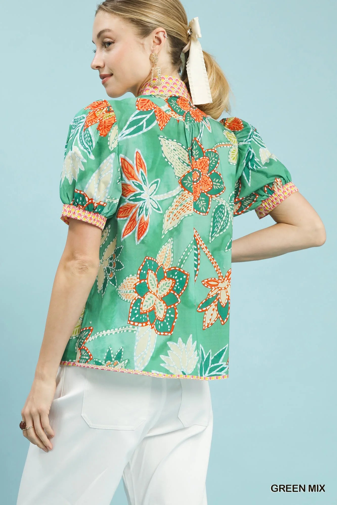Umgee Mixed Abstract Print Puff Sleeve Blouse in Green - Glamourous Grace