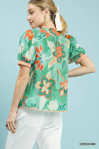 Umgee Mixed Abstract Print Puff Sleeve Blouse in Green - Glamourous Grace