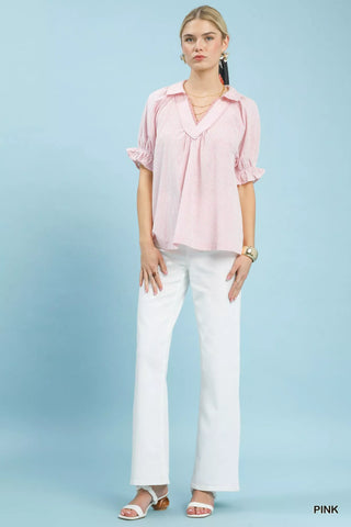 Umgee Pinstripe V-Neck Ruffle Sleeve Blouse - Glamourous Grace