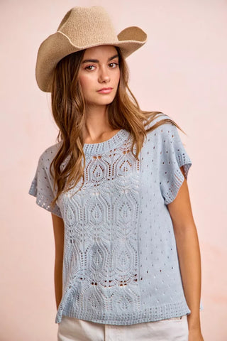 BiBi Washed Eyelet Short Sleeve Breathable Knit Top - Glamourous Grace