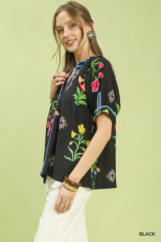 Umgee Botanical Print Contrast Trim Button Blouse - Black Sz L - Glamourous Grace