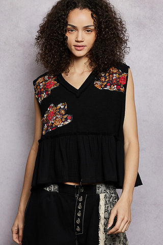 POL Floral Patch Ruffled Sleeveless Top with Raw Edge Detail - Glamourous Grace