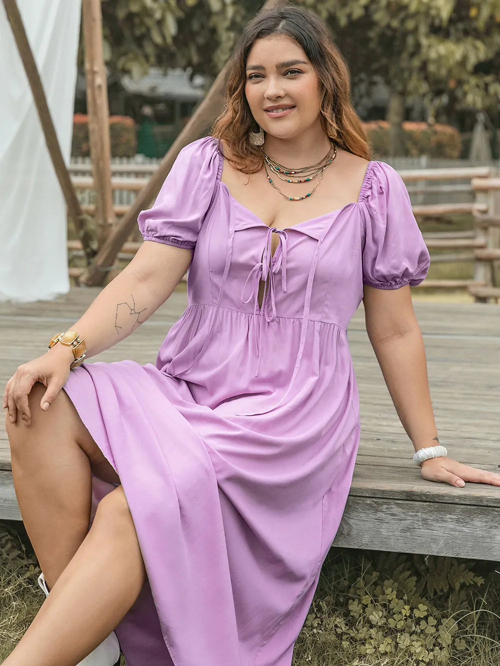 Plus Size Tie Neck Short Sleeve Dress - Glamourous Grace