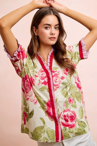 BiBi Floral Printed Woven Contrast Edge Ruffled Blouse - Glamourous Grace