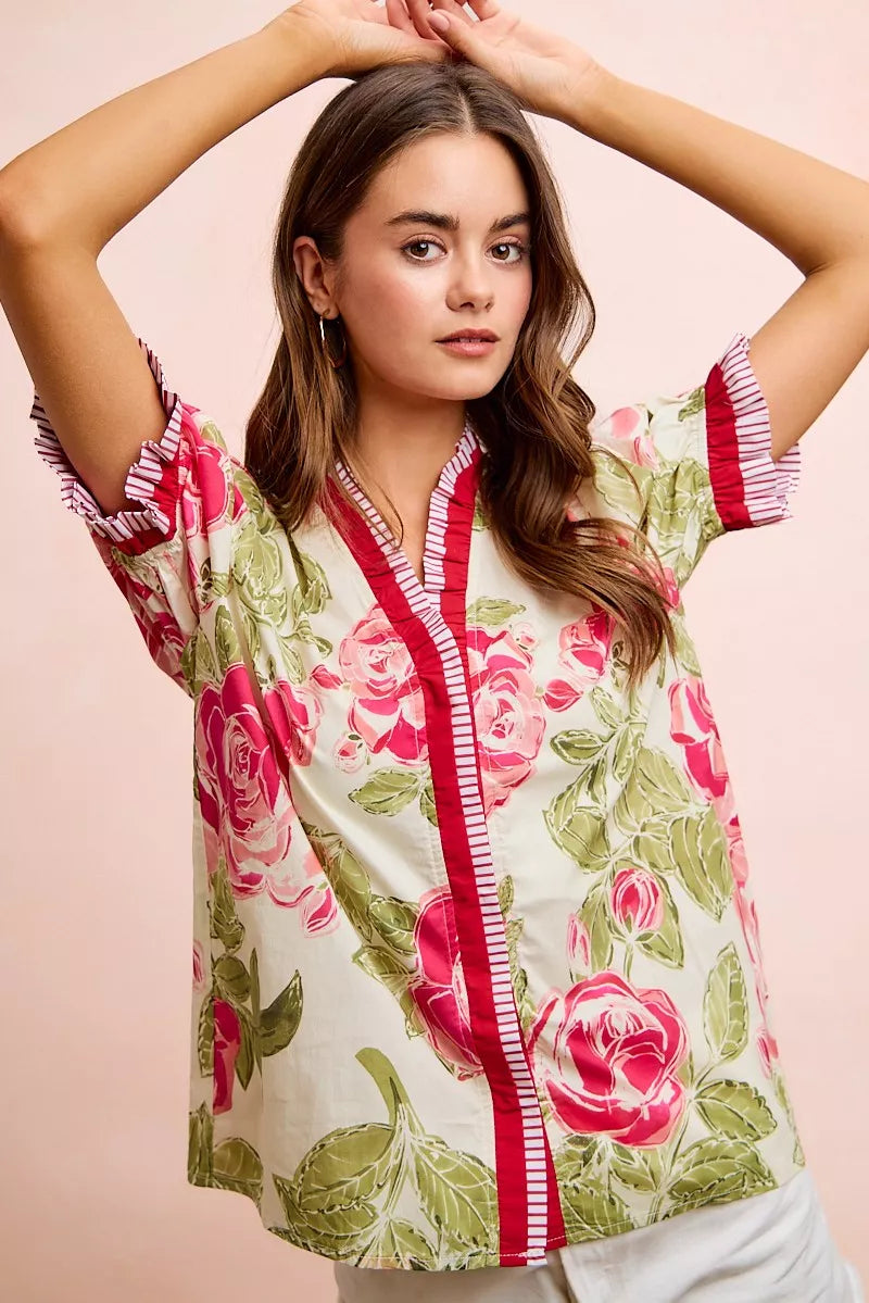 BiBi Floral Printed Woven Contrast Edge Ruffled Blouse - Glamourous Grace