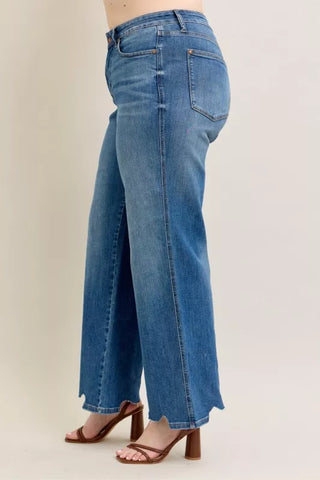 Judy Blue  High Waist Tummy Control Chew Hem Destroy Wide Jeans