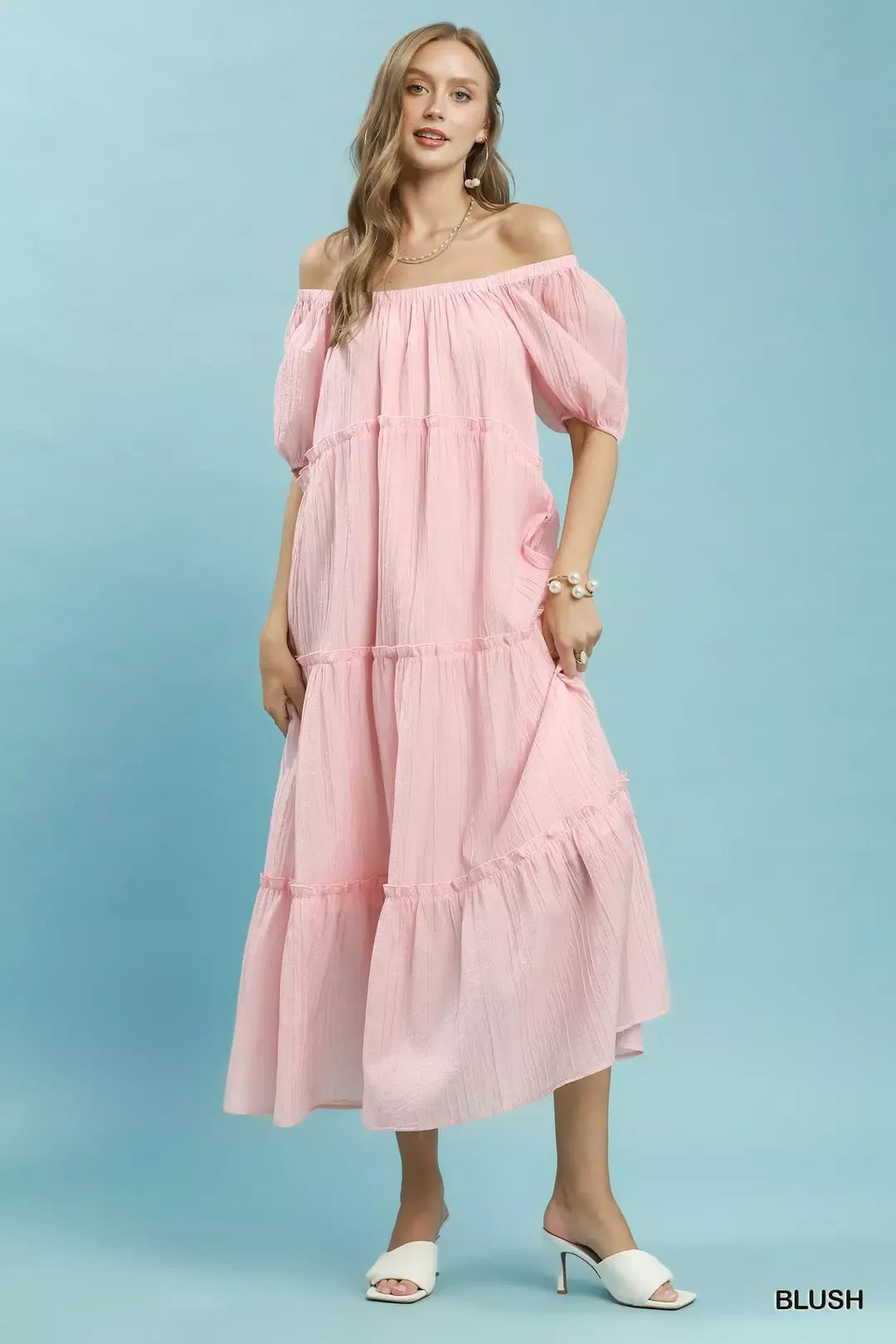 Umgee Textured Tiered Midi Dress in Blush - Glamourous Grace