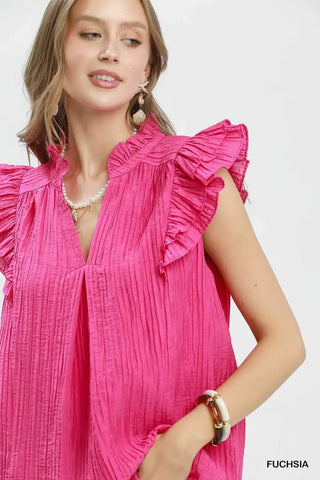 Umgee Textured Ruffle Sleeve Split V Neck Top - Glamourous Grace