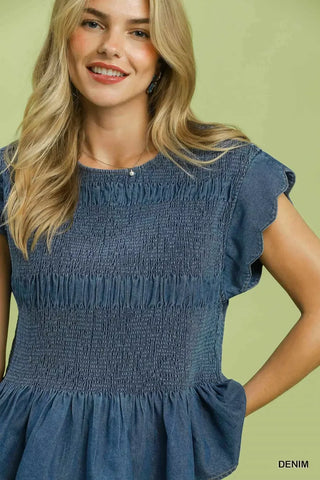 Umgee Smocked Peplum Top with Scalloped Ruffle Cap Sleeves - Glamourous Grace