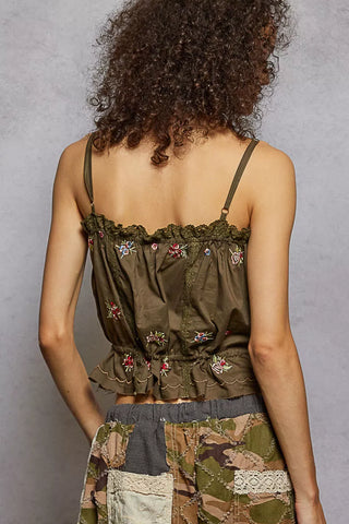 POL Button Down Floral Embroidered Cropped Cami with Lace Detail - Glamourous Grace
