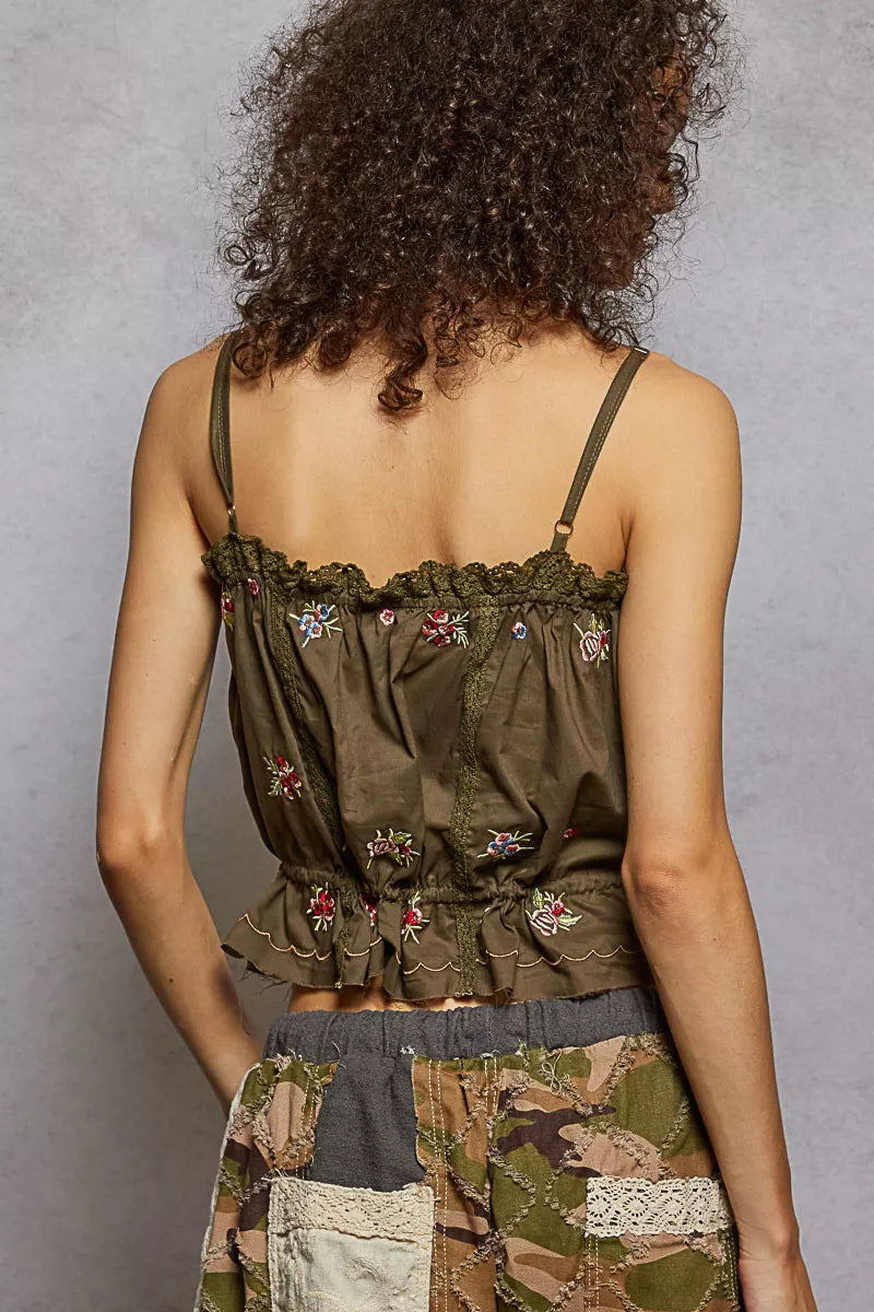 POL Button Down Floral Embroidered Cropped Cami with Lace Detail - Glamourous Grace