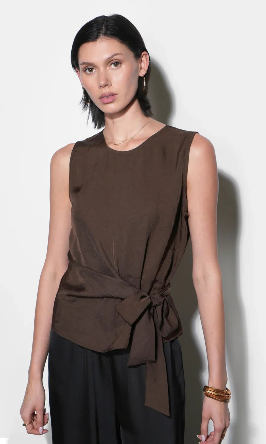 Lola Brown Sleeveless Side Tie Blouse