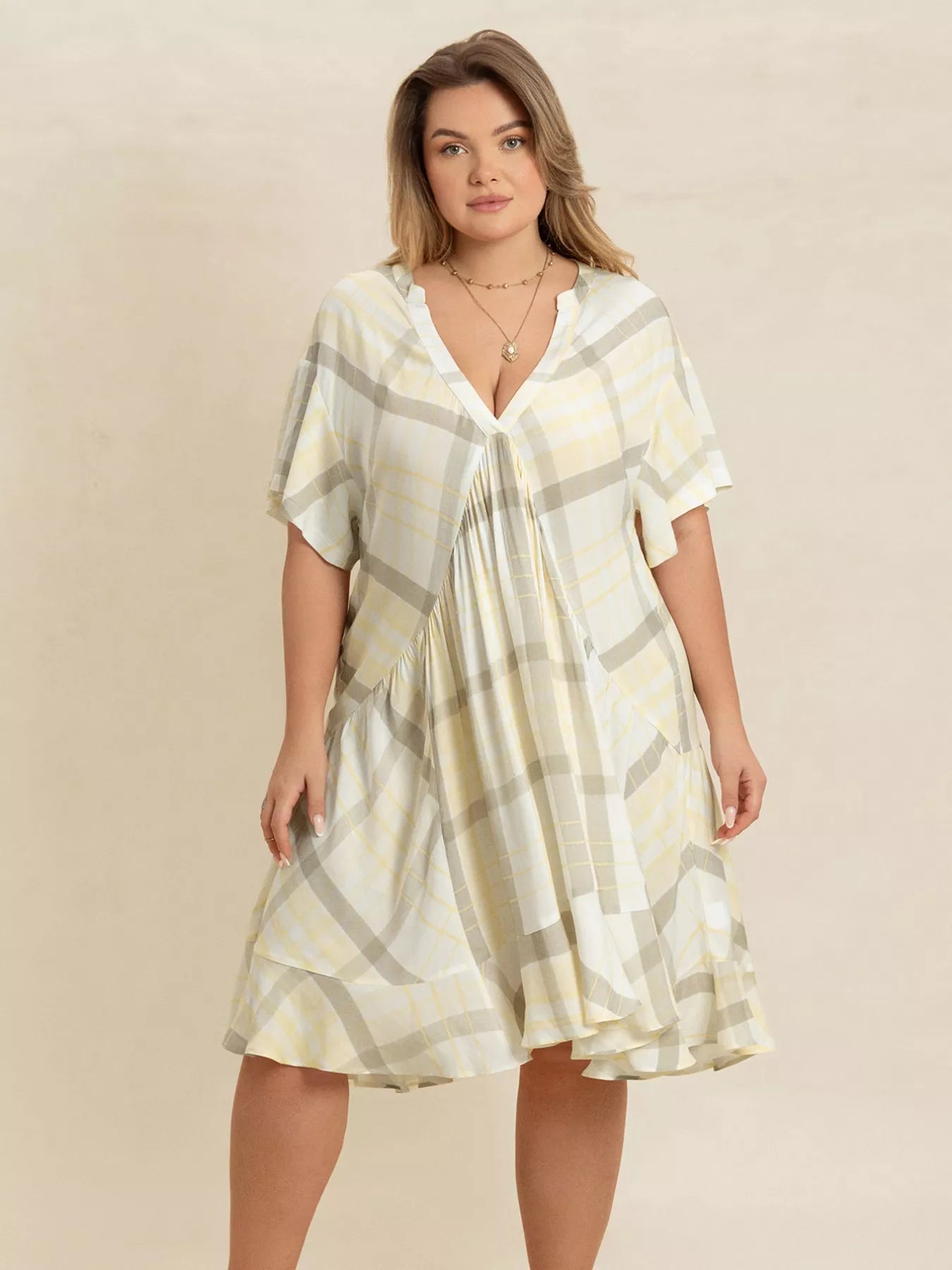 Plus Size Plaid Flutter Sleeve Dress - Glamourous Grace