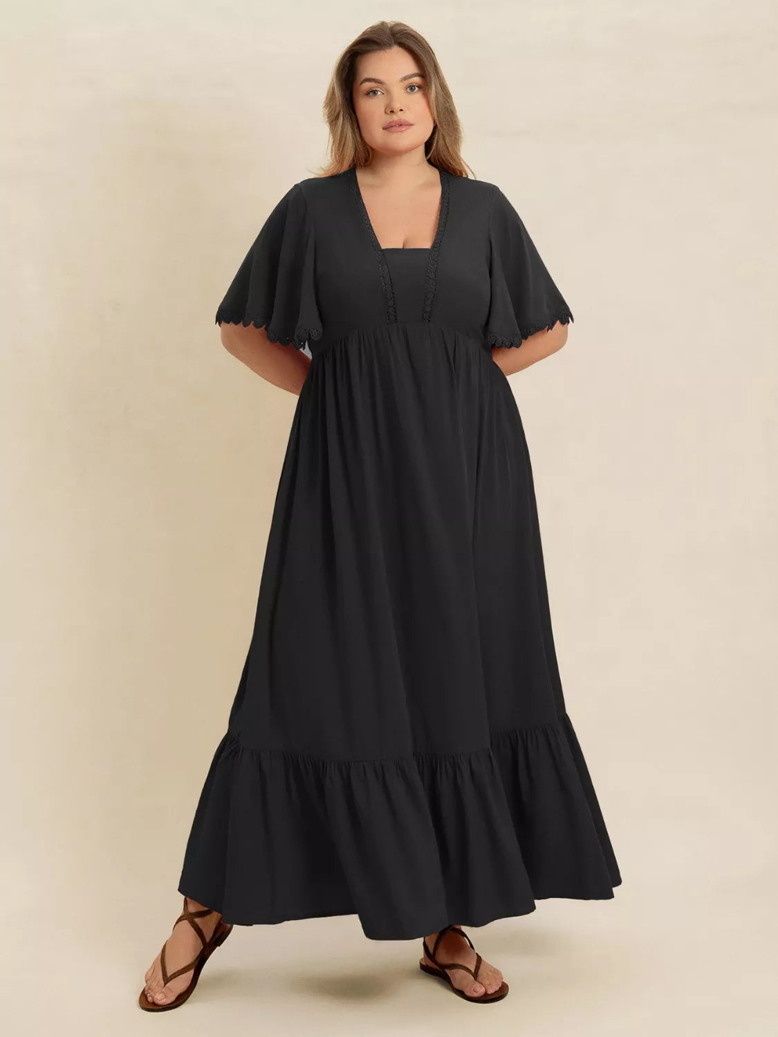 Plus Size Boho Ruffled Maxi Dress with Flutter Sleeves - Glamourous Grace